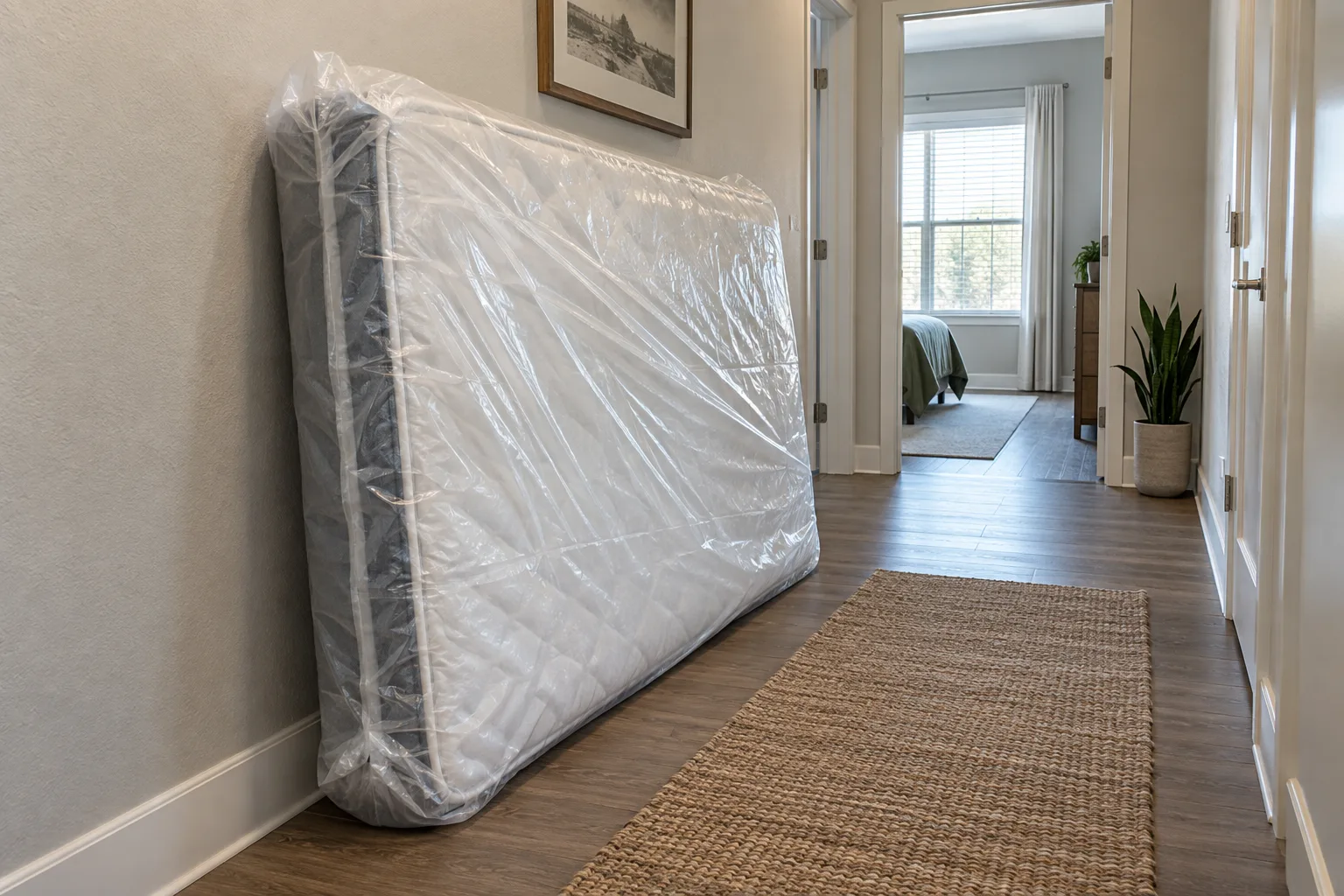 Wrapped mattress staged in an apartment hallway with a clear passage