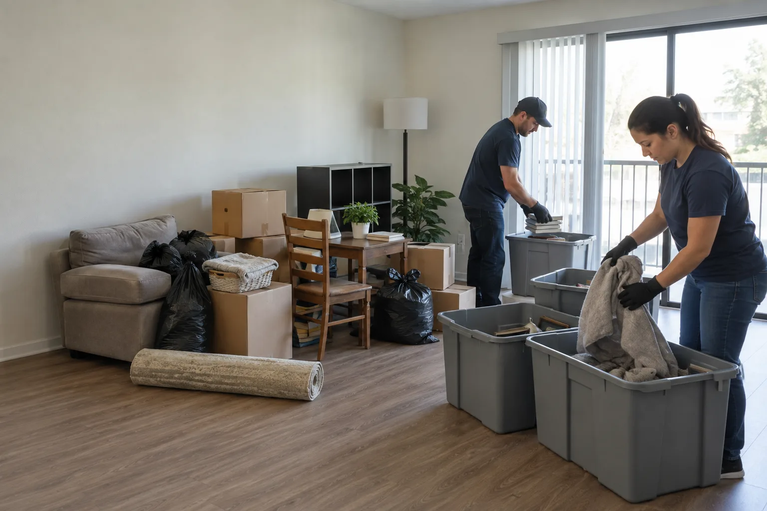 Cleanout workers sorting apartment contents into removal bins